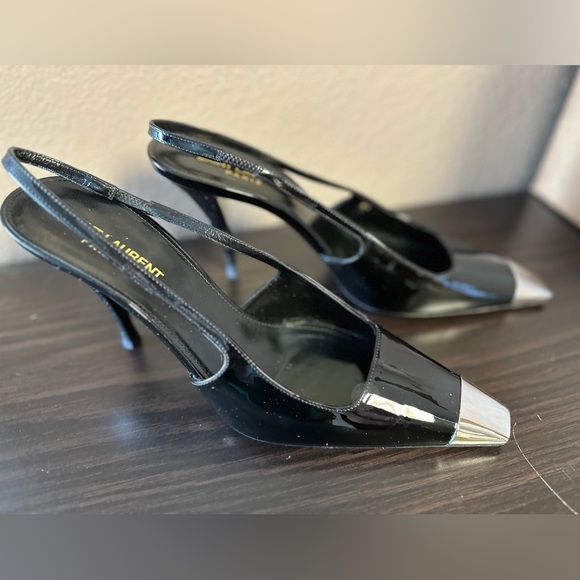 YSL SAINT LAURENT Blade Patent Leather Metallic-Toe Slingback Pumps sz 38.5 8 US - Picture 6 of 13